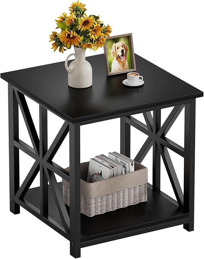 GreenForest End Table with 2-Tier Storage Shelf, 19.7 inch Side Table for Living Room, Modern Nightstand Bedside Table for Bedroom Office, Black