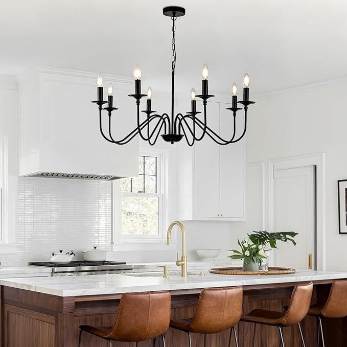 Black Farmhouse Chandeliers, 8 Light S-Arm Modern Candle Hanging Pendant Light, Industrial Rustic Metal Ceiling Kitchen Island Light for Living Room, Entryway, Foyer, Bedroom, Dining Room