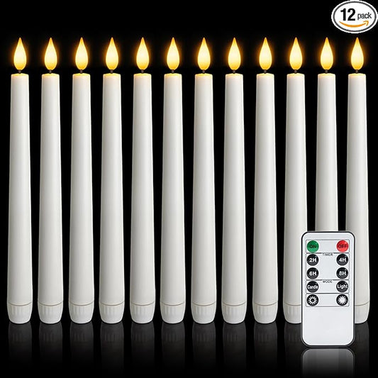 12 Pcs Flameless Taper Candles with Remote and Timer, 9.6 Inches Plastic LED Candlesticks, White Battery Operated Window Candles, for Home Wedding Christmas Party Decoration