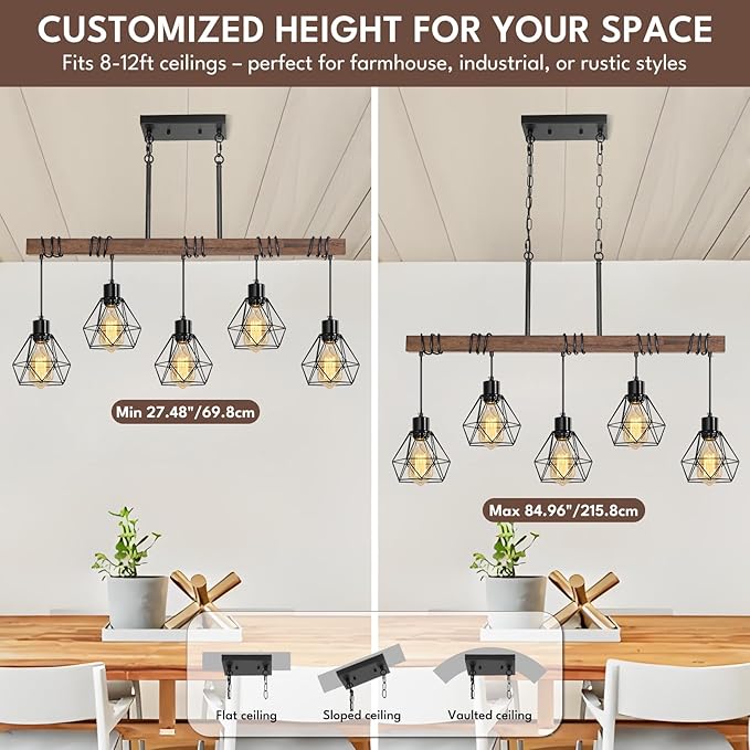 5-Light Kitchen Ceiling Light Fixture - Modern Farmhouse Black Chandelier with Adjustable Height for Dining Room Over Table, Rustic Wood Linear Pendant Island Lights for Kitchen, E26 Base, UL Listed