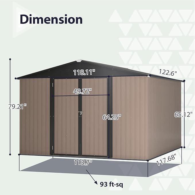 10x10 FT Outdoor Storage Shed, Large Metal Garden Shed with Lockable Hinged Doors, Outside Tool Shed with Sloped Roof & 4 Air Vents, Waterproof Storage Building for Backyard, Patio, Lawn, Brown