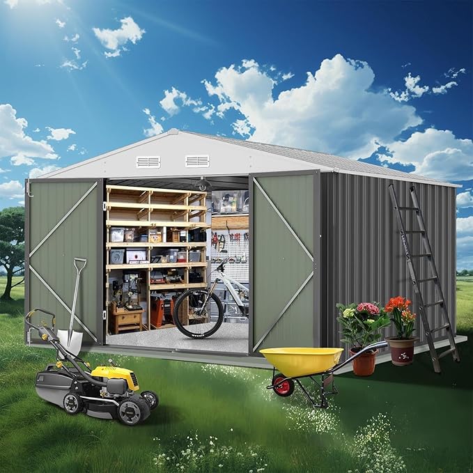 12X10FT Metal Storage Shed - Large Waterproof Tool Metal Shed with Lockable Doors & Vents, All-Weather Outdoor Sheds for Lawn Mower, Bike