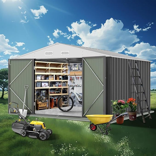 12X10FT Metal Storage Shed - Large Waterproof Tool Metal Shed with Lockable Doors & Vents, All-Weather Outdoor Sheds for Lawn Mower, Bike