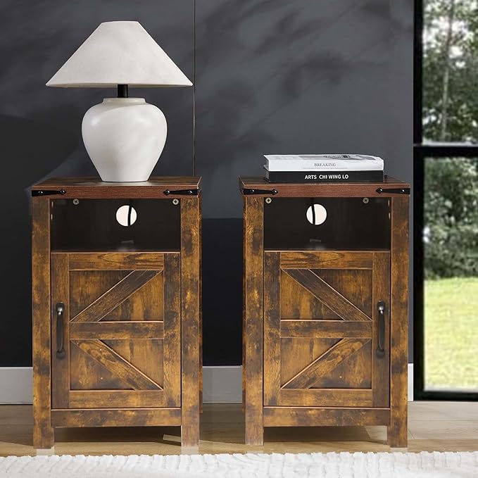 Brown Farmhouse Nightstand Set of 2, Rustic End Table with Barn Door and Shelf, Bedside Table with Charging Station for Living Room, Bedroom