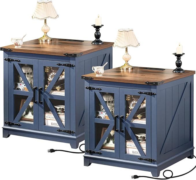 Farmhouse End Table Set of 2,24" Large Sofa Side Table with Charging Station Glass Barn Door,Wood Nightstand with Adjustable Storage Shelf,Square Bedside Table for Living Room,Bedroom,Office-Blue