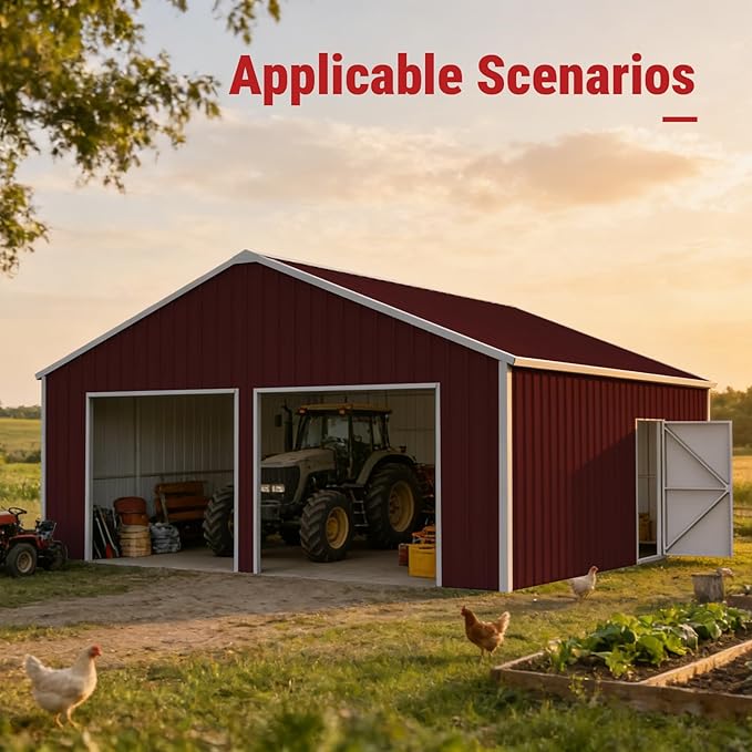 Outdoor Metal Storage Shed, 33x25 FT Large Heavy-Duty Garage Industrial Prefab Steel Building with Side Door for Car, Metal Barn, Outdoor Workshop, RV, Tractor & Equipment Shelter（Brown）