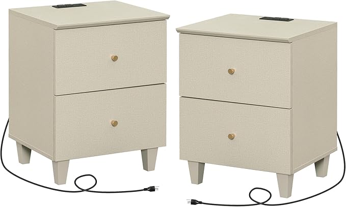 WAMPAT Set of 2 Nightstands with Charging Station&2 Drawers Storage, Modern End Tables Mid-Century Wood Bedside Tables with 2 AC Outlets & USB Ports for Living Room, Bedroom, Beige Faux Linen