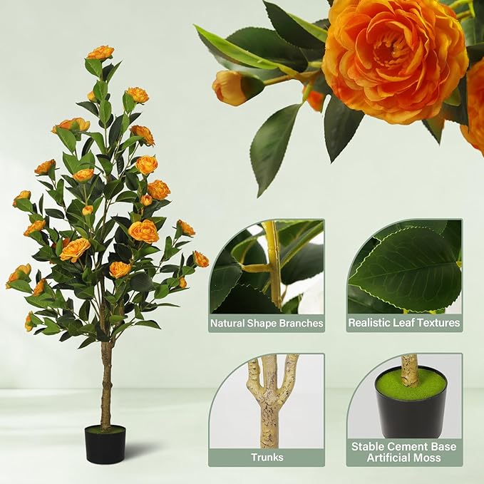 2-Pack 4FT Artificial Camellia Tree,Realistic Fake Potted Plants with Flowers&Planters,Indoor/Outdoor Faux Flowering Trees for Home,Office,Porch,Wedding,and Housewarming Gift Decor,Orange