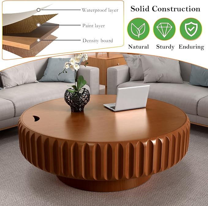 39.37" Round Drum Coffee Table with Storage Retro Rustic Center Table - Solid Wood Handcrafted Relief Veneer for Farmhouse Apartment (B Round 39.37in)