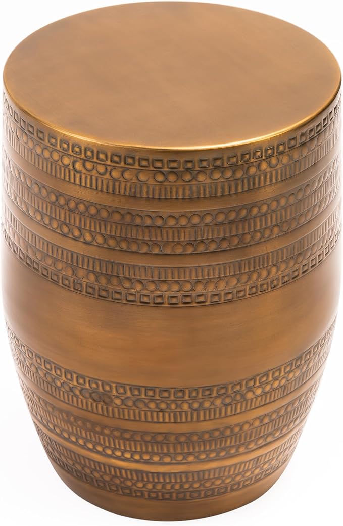 Modern Round Aluminum Hammered Embossed Texturing Metal Side Coffee Table, Hand-Stamped Iron, Boho Accent Side Table, Drum Shaped, for The Living Room and Bedroom, Brass