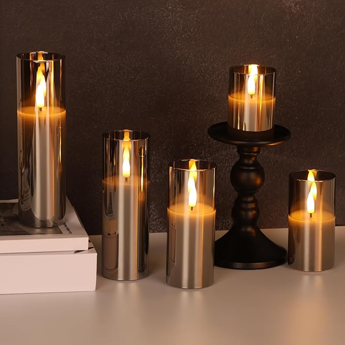 Grey Glass Flameless Candles with Remote Batteries, Flickering Slim Christmas LED Pillar Candles Set of 5