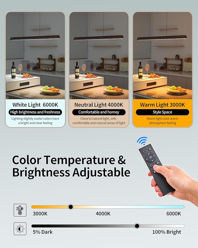 57" Wood Linear Pendant Light, Dimmable Kitchen Island Lighting with Remote, 30W LED Island Lights for Kitchen, Adjustable Linear Chandelier for Dinning Room Light Fixture, Bar, Pool Table Light