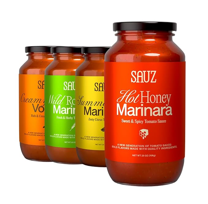 Sauz | Variety Pack, 25 Oz Jars (4-Pack), Includes Hot Honey Marinara, Creamy Calabrian Vodka, Wild Rosemary, Summer Lemon, Gluten-Free, Non-GMO, Multi-Use, Clean Ingredients – Small Batch Craft Sauces