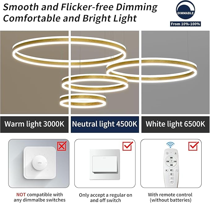 Modern LED Chandelier Light, 4 Ring Gold Pendant Lighting Fixture, Adjustable Hanging Ceiling Lamp for Dining Room, Kitchen Island, Entryway, Living Room, Dimmable Dining Light Over Table