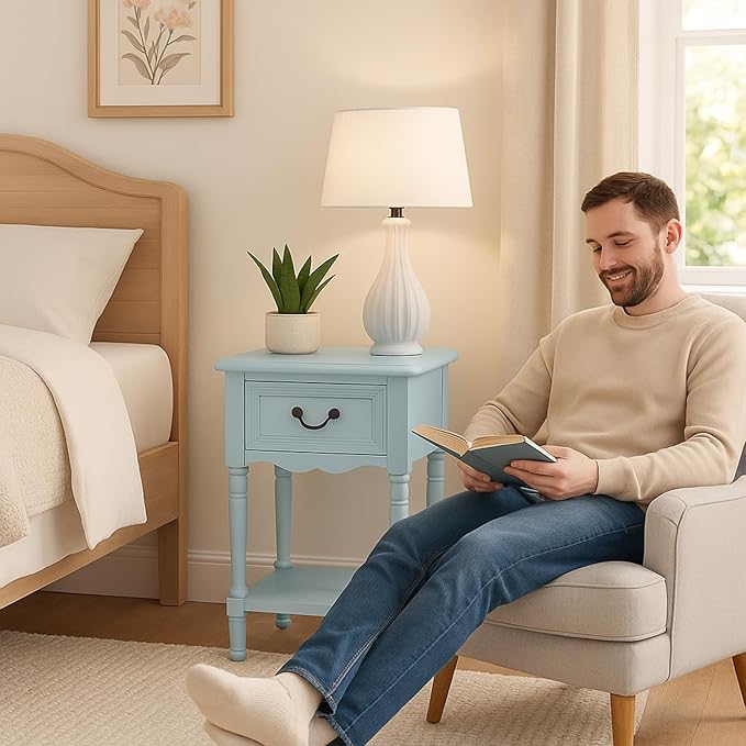 Urban Designs Wooden Accent Table/Nightstand with Drawer and Bottom Shelf – 29" H, 16" L x 16" W - Light Blue