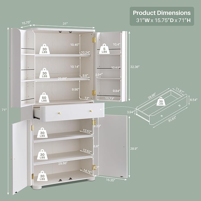 71" Tall Kitchen Pantry, Modern Curved Pantry Storage Cabinet with 4 Doors and 6 Adjustable Shelves, Cupboard for Kitchen, Dining Room, Living Room and Bathroom, White