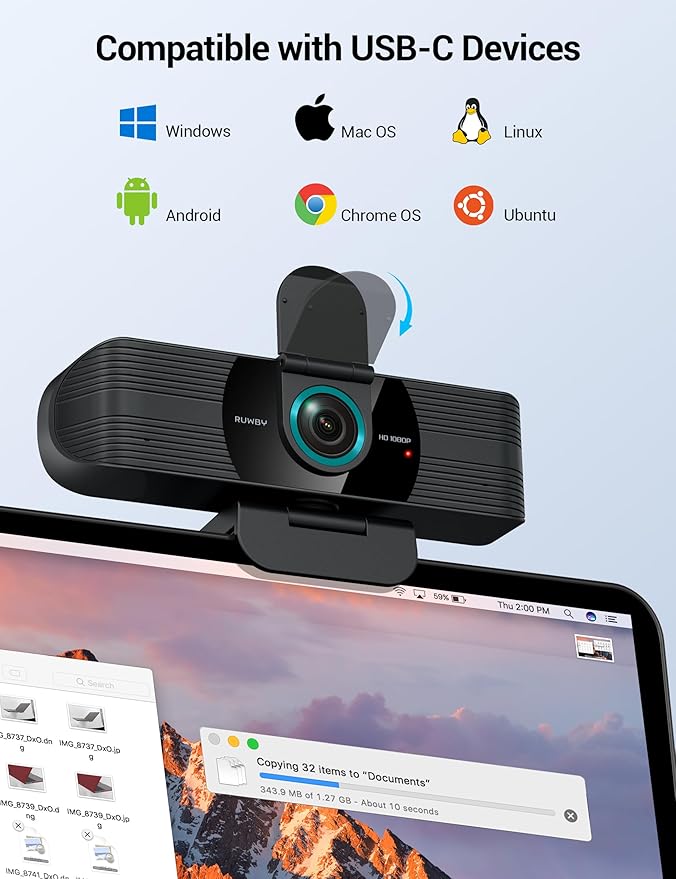 RUWBY Full HD 1080P Webcam with Built-in Dual Mics, Wide-Angle Lens, Privacy Cover, Tripod Stand, Autofocus PC Camera, Plug and Play for Desktop Computer or Laptop