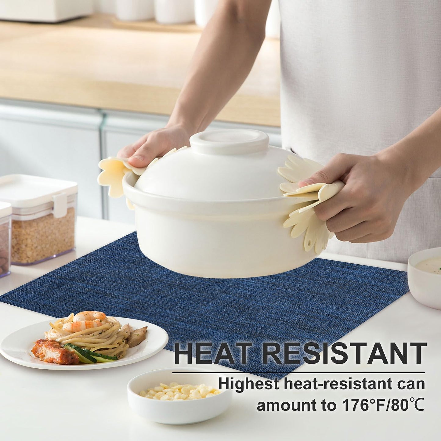 Vinyl Placemats Set of 4, PVC Woven Washable Non-Slip Table Mats, Heat Resistant Wrinkle Free Place Mats for Dining Table, Easy to Clean (4, Navy Blue)