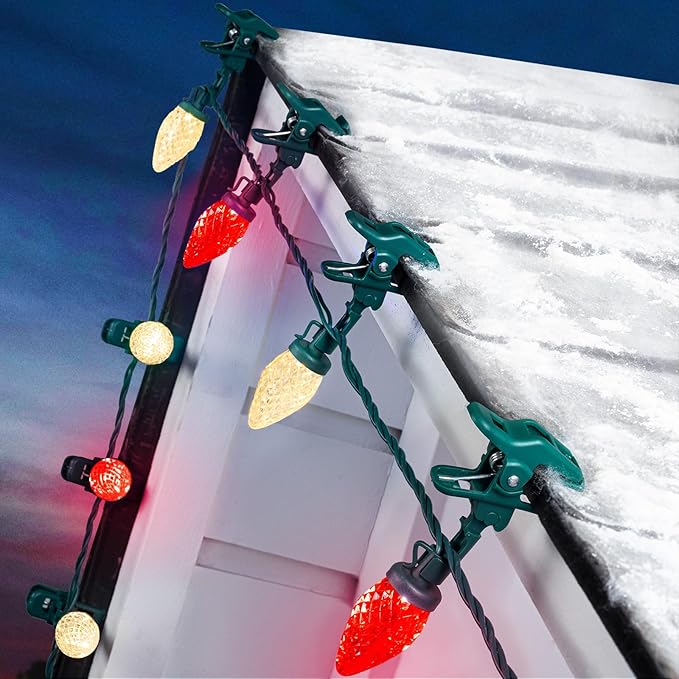 2PACK C9 LED Christmas Lights with 100 Spring Clips, Total 100ft 100 LED Waterproof Strawberry String Lights, Commercial Grade Extendable Perfect for Roofline Patio House Xmas Decor, Red & Warm White