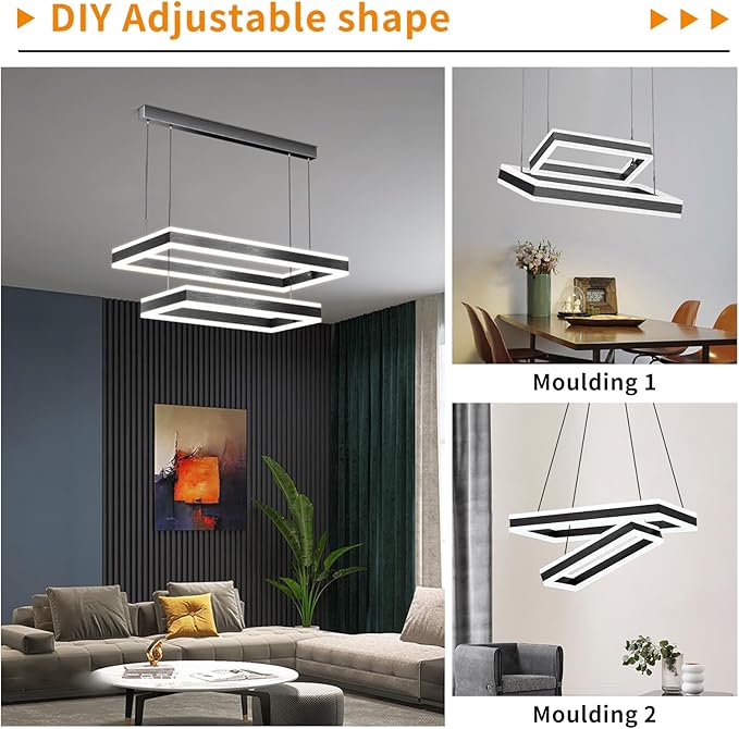 Modern LED Chandelier, Double Rectangles Ceiling Pendant Lights, LED Island Lights Dimmable Chandeliers for Dining Room Living Room Bedrooms, Black (40CM/60CM)