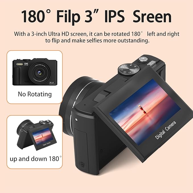 5K 75MP Digital Camera 18X Digital Zoom, Upgraded Vlogging Cameras with WiFi & Mic, Wide Angle & Macro Lens, 3" 180°Flip Screen Webcam Travel Cameras for Teens, Beginner with 64GB Card, HDMI