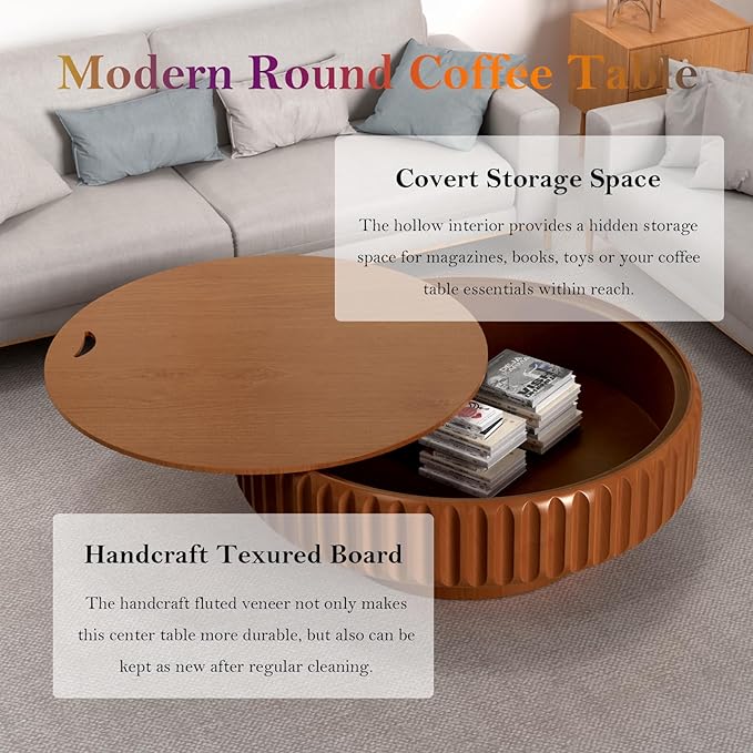 39.37" Round Drum Coffee Table with Storage Retro Rustic Center Table - Solid Wood Handcrafted Relief Veneer for Farmhouse Apartment (B Round 39.37in)