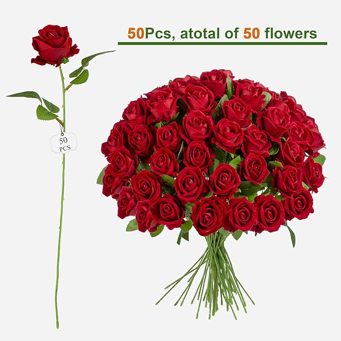19.6" Artificial Flowers Roses Touch Fake Rose Bouquet Flower Stem for Wedding Centerpieces DIY Wreath Home Decorations Silk Roses Mothers Party Fake Outdoor Flowers Decor(50PCS Red)