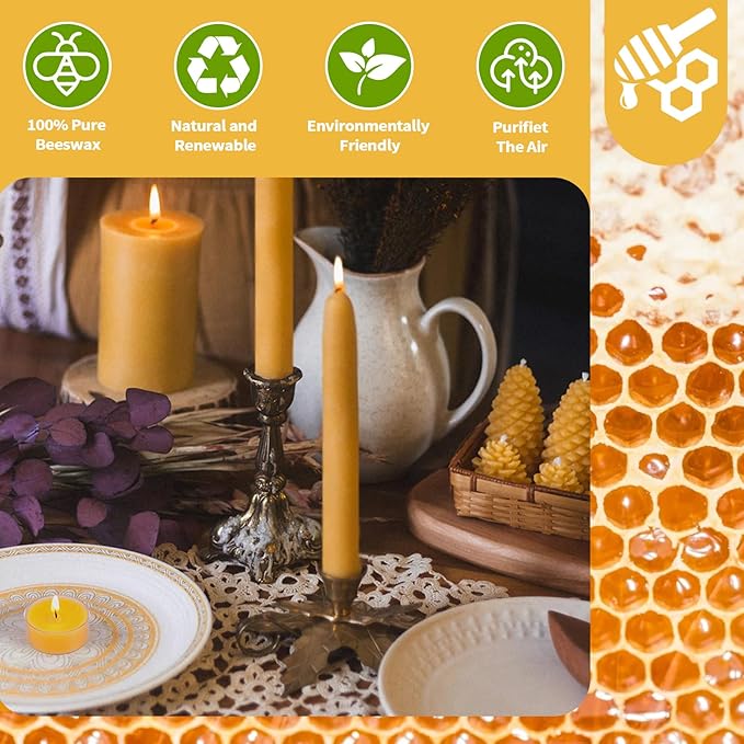 Pure Beeswax Candles Set, 3pcs Pillar|6pcs Taper|24pcs Tealight Candles-345 Hour Long Burning, 100% Natural Organic Beeswax Candles Gift Set for Women, Dripless Smokeless Candle Bulk for Home