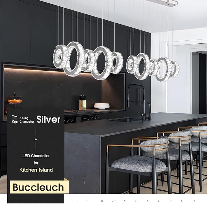 Buccleuch 5-Ring Crystal Chandelier, Height Adjustable UL-Certified Dimmable LED Pendant Light, Stainless Steel K9 Crystal Ceiling Light for Dining Room Living Room Bedroom, 6000K 4400lm