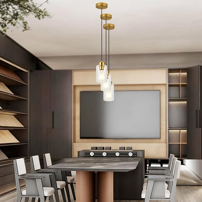 Hanging Kitchen Lights Over Island Burshed Brass with Clear Glass Shade, 3 Pack Small Chandelier Farmhouse Pendant Light for Kitchen Island Dining Room Hallway