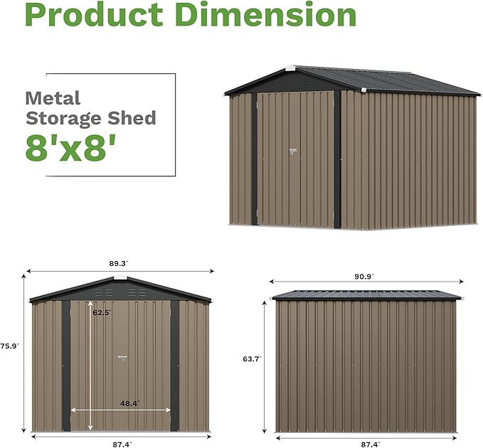Patiowell 8x8 FT Outdoor Storage Shed, Heavy Duty Tool Metal Sheds with Lockable Doors and Updated Frame Structure for Backyard Patio Lawn, Brown
