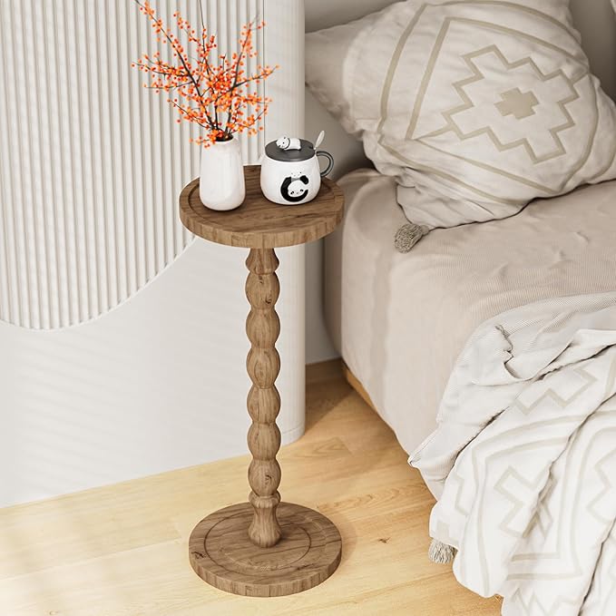 Small Side Table, Rubberwood‌ Drink Table for Small Spaces, Solid Wood Pedestal Tables, Round End Tables for Living Room, Bedroom, Corners, and Office (Brown, 9.4 inch)