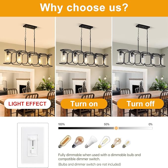 40" Dining Room Light Fixture/Chandelier Over Table, 5-Light Black Kitchen Island Lighting with Clear Glass Shade Farmhouse Linear Hanging Pendant Lights Fixture for Kitchen Island Dining Room‌ Bar