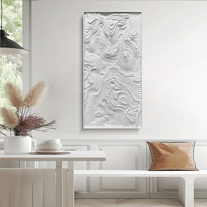 BrightA Large-scale white abstract wall artworks, wood wall decor for living room and office, horizontal wall art three-dimensional relief sandstone hand-painted decorations 23.6"x47.2"