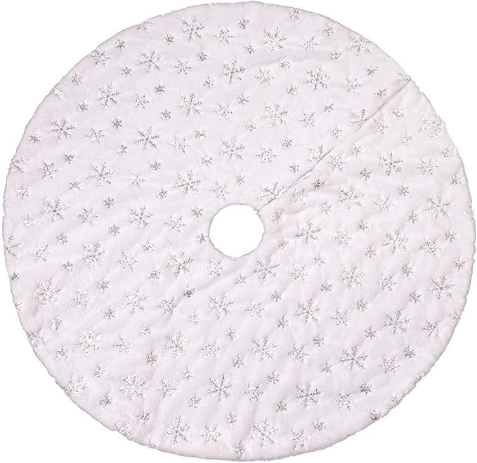 Christmas Tree Skirt 72 Inch, Silver Snowflake White Christmas Tree Decorations Indoor Sequin Tree Collar Faux Fur Plush Rug Xmas Large Mat Decor Ornaments for 7.5ft-13ft Tree
