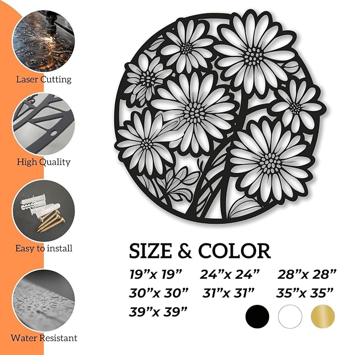XXQ Metal Wall Art Decor, Daisy Flower Metal Wall Art Sculpture for Indoor Outdoor Line Wall Art for Bedroom Living Room and Kitchen (White, 24" x 24" / 60 x 60cm)