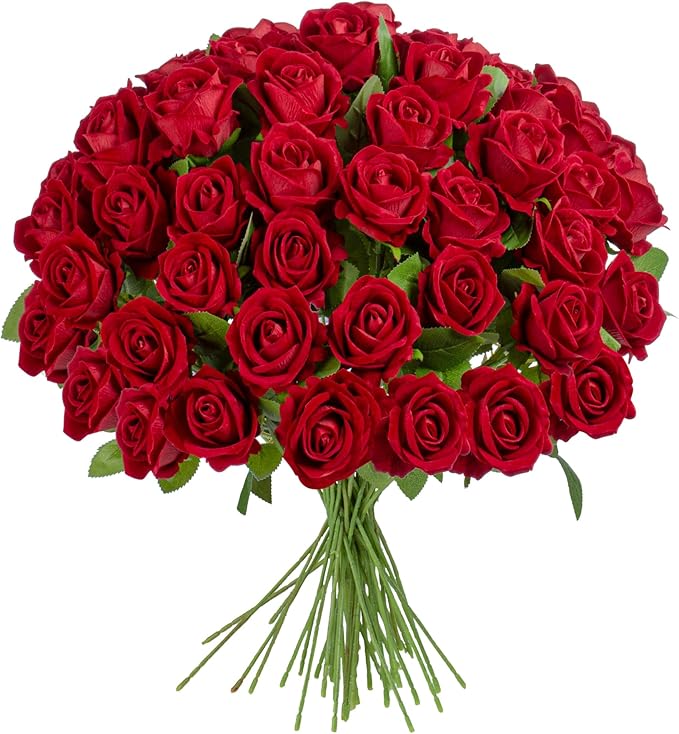 19.6" Artificial Flowers Roses Touch Fake Rose Bouquet Flower Stem for Wedding Centerpieces DIY Wreath Home Decorations Silk Roses Mothers Party Fake Outdoor Flowers Decor(50PCS Red)