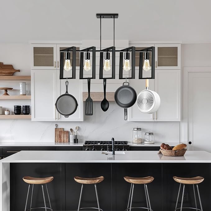 5-Light Island Lights for Kitchen, Rectangular Black Metal Kitchen Island Chandelier 41.3" Adjustable Rustic Modern Dining Room Light Fixtures Over Table, Chandeliers for Dining Room
