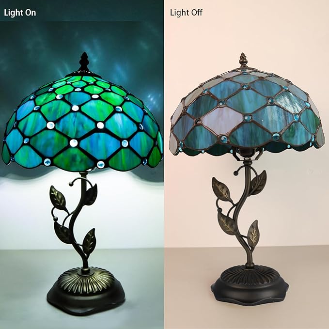 Stained Glass Table Lamp, Blue Green Style Metal Leaf Base Desk Reading Light 12X12X19 Inches Decor for Bedroom Living Room Office