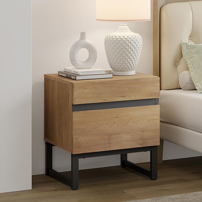 WAMPAT Modern End Table with 2 Drawers, Farmhouse Sofa Table, Wooden Rustic Side Sofa Table Metal Leg for Living Room, Nighstand for Bedroom, Oak