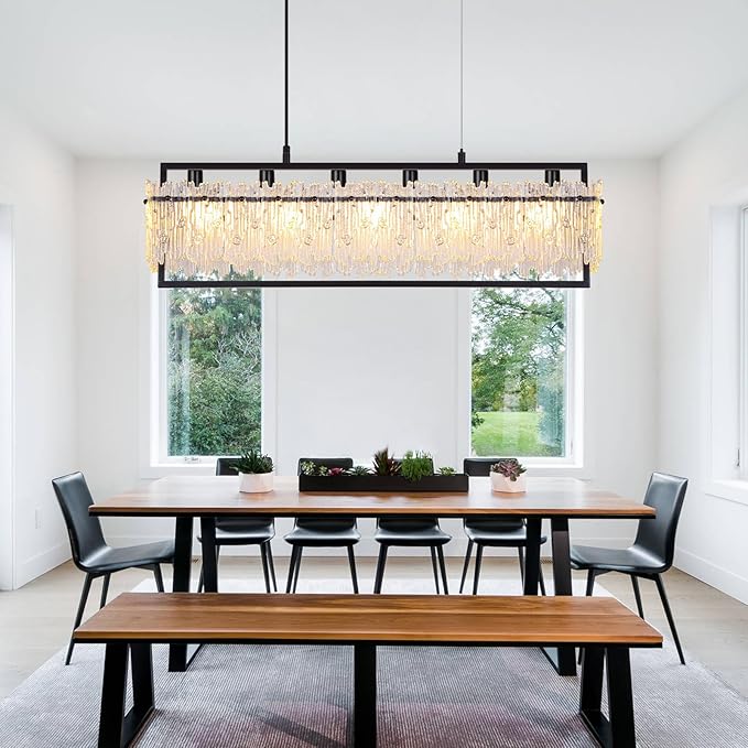 MantoLite Luxe Dining Room Light Fixture Farmhouse Crystal Chandeliers for Dining Room 32" Matte Black Rectangle Design 6-Light Banquet Pendant Light E12 3000K-6000K Compact for