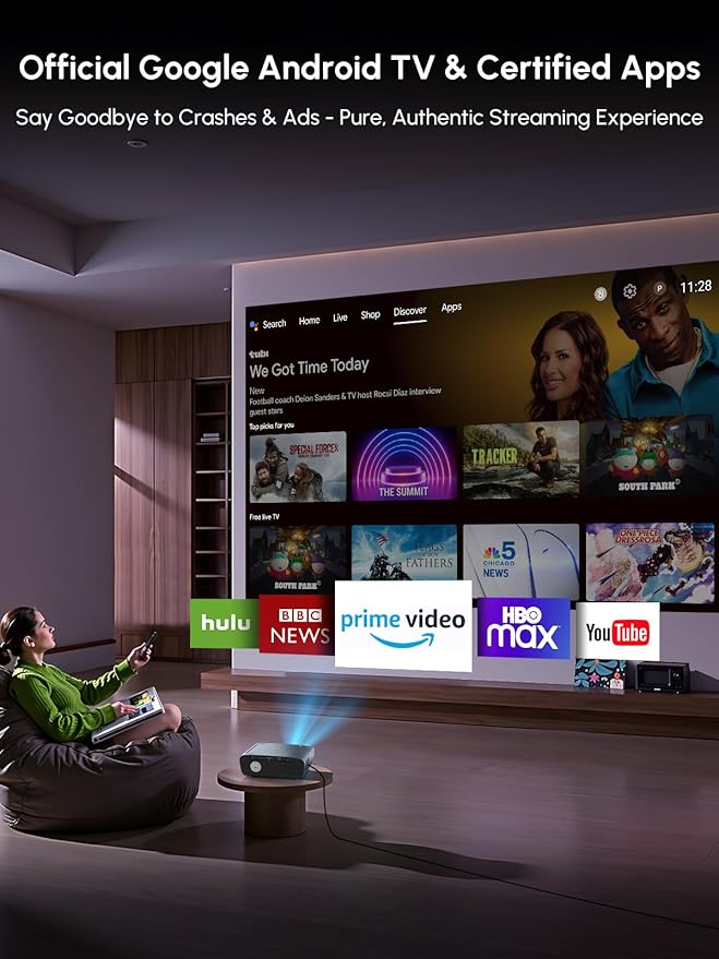 Smart 4K Projector Google TV & Built-in Apps, 2400ANSI High Bright Daylight Projector, Ultra HD Daytime Projector ToF Auto Focus/Keystone, WiFi6/Bluetooth/HDMI2.1 for Home Theater Outdoor Movie Gaming