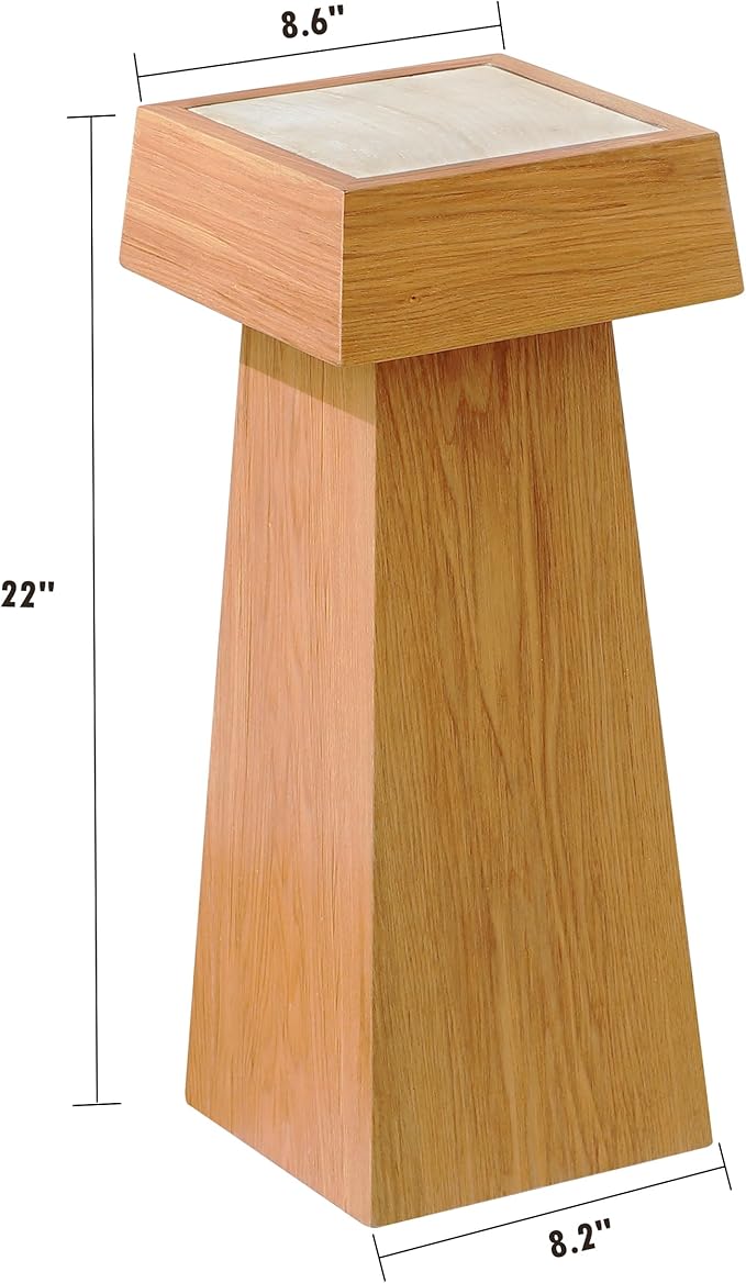 8.6-inch Marble Pedestal Side Table, Stone Finish Top Accent Drink Table for Living Room, Square Small End Coffee Counter, Full Assembly for Small Space Office - Oak