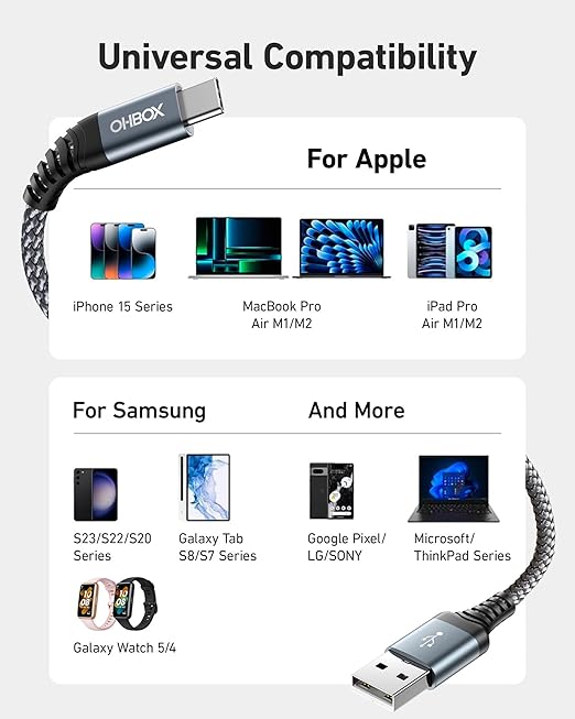 USB C Cable Fast Charging 10FT 2Pack, Long USB A to USB C Cable for Car, Durable Braided USB to USB Type C Cord iPhone USBC Charger for iPhone 17/16/15/Pro Max/Plus, Samsung Galaxy S23 and More(Gray)