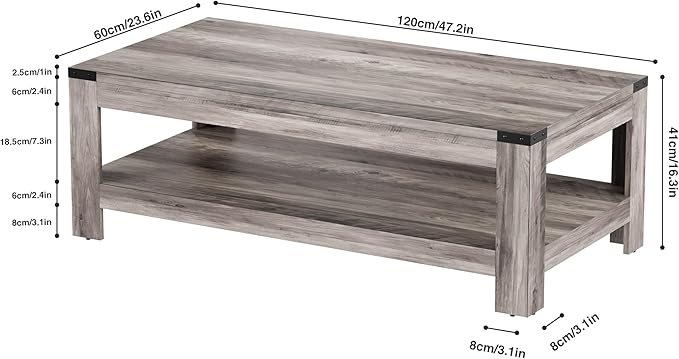 Farmhouse Coffee Table, Modern Rustic Wooden Center Table with Storage, Living Room Tables, 2-Tier Industrial Cocktail Tea Table for Living Room (Wash Gray, 47.2 in)