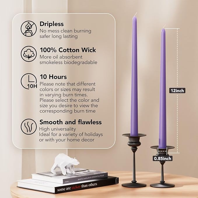 12-Inch Tall Dripless Taper Candles Set of 4 - Lavender Purple Tapered Candles, Perfect for Wedding,Christmas - Smokeless, Unscented, Long Burning - Hand Poured, Colored Tall Candlesticks
