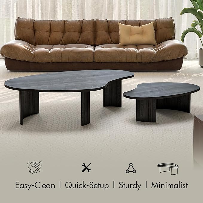 Black Wood Coffee Tables Set of 2 for Living Room, Modern Nesting Center Table with Fluted Solid Rubberwood Legs and Oval Mango Shape for Small Apartment