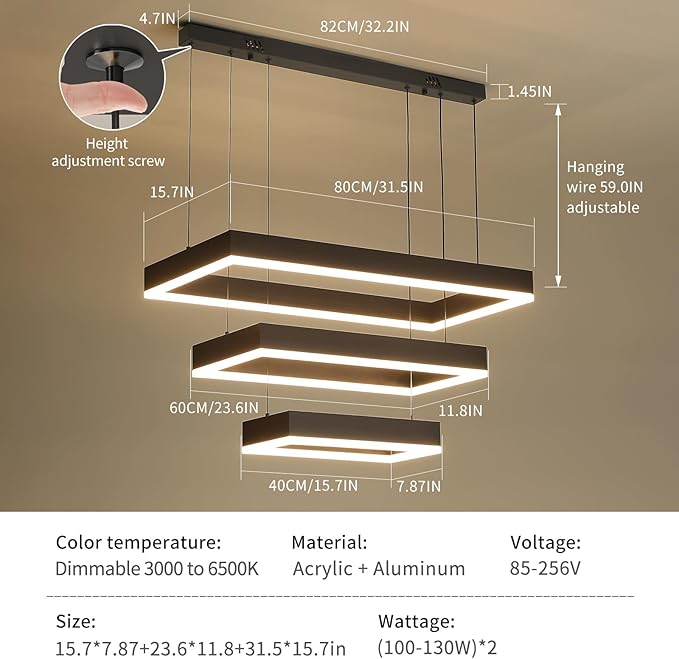 Modern Kitchen Island Pendant Light, Rectangle Dimmable LED Chandelier, 3 Layer Adjustable Ceiling Light Fixture for Dining Room, Living Room, Bedroom, 3000K-6500K, Black Foyer Hanging Light