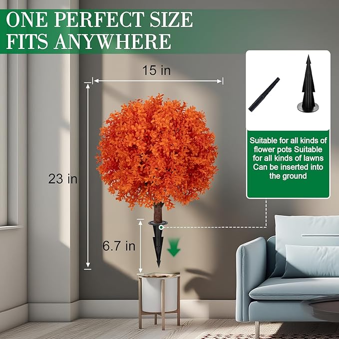 Set of 2 Artificial Orange Boxwood Topiary Ball Trees, 23" UV Resistant No Fade Outdoor Faux Fall Plants with Ground Spike, Fake Shrubs for Garden, Patio, Porch, Yard, Indoor Decor