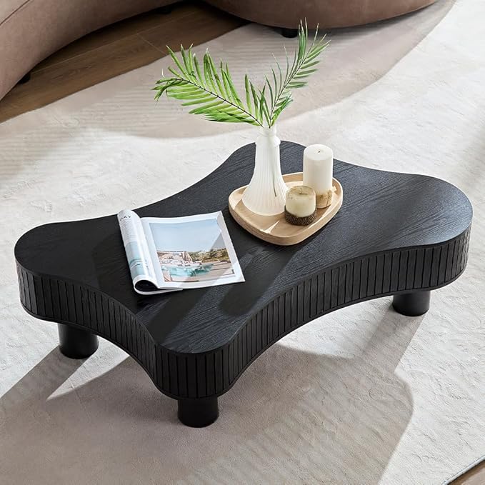 WILLIAMSPACE 42.52" Wooden Coffee Table, Modern Luxury Handcraft Wood Circle Drum Coffee Table for Living Room, Accent Center Table Side Table with Solid Wood Leg for Apartment (Black)